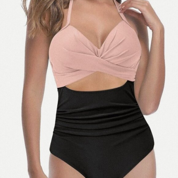 Women's Pink & Black Cutout Waist Tummy Control Tie Back Swimsuit Size M NWT - Picture 1 of 14